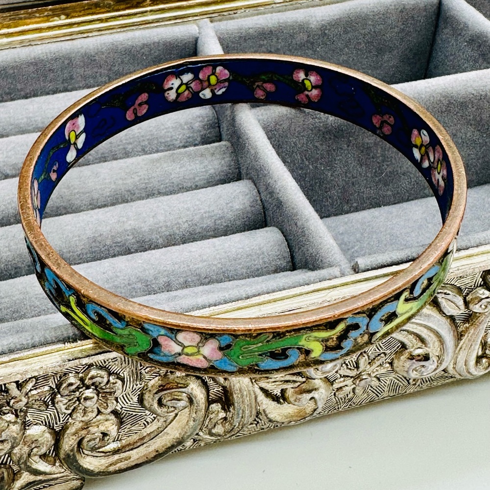 Vintage Champleve Enamel Floral Bangle Bracelet